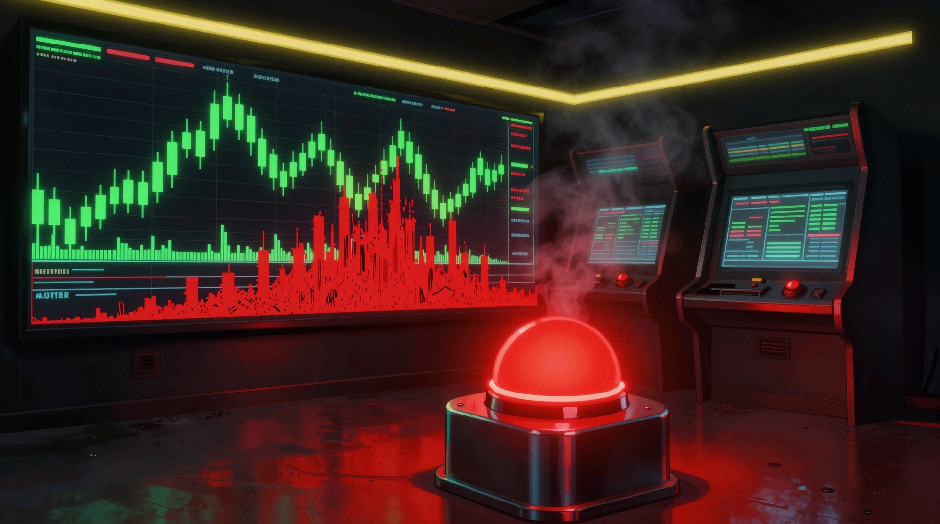 Polaroid pinned to the board: $PUMPIT — big red button, rug cycle baked in